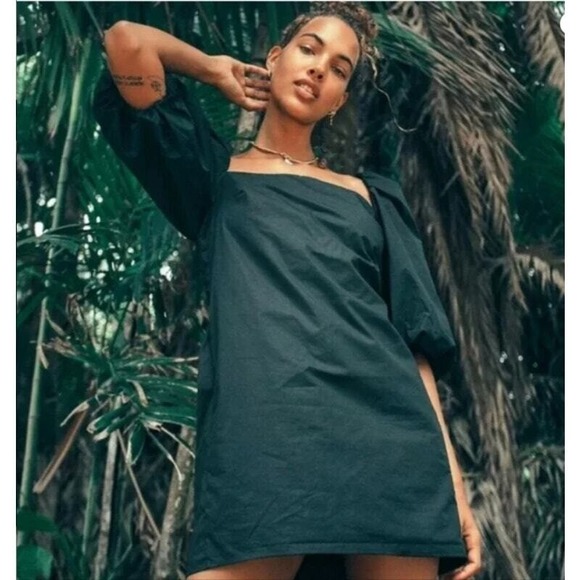 Free People x Mare Mare Puff Sleeve Tie Back Bow Micro Mini Dress XS Cotton - Picture 2 of 9